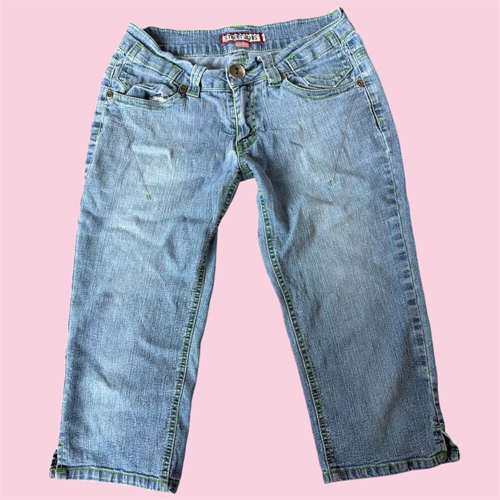 Y2K low rise capri jeans with green stitching